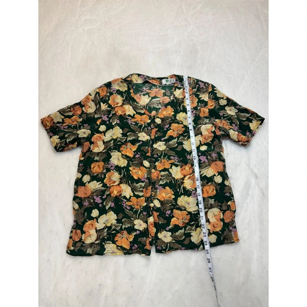 Vintage Silk‎ Floral Button Up Short Sleeve Blouse Green Orange Yellow - Picture 5 of 9
